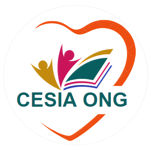 Minimal modern flat logo for NGO "CESIA ONG". Clean wordmark "CESIA" with a small tag "ONG". Palette: dark green #0B3D2E and orange #FF7A00. White or transparent background. Simple emblem (leaf/heart) integrated or left of text. Vector, high contrast, suitable for website header.